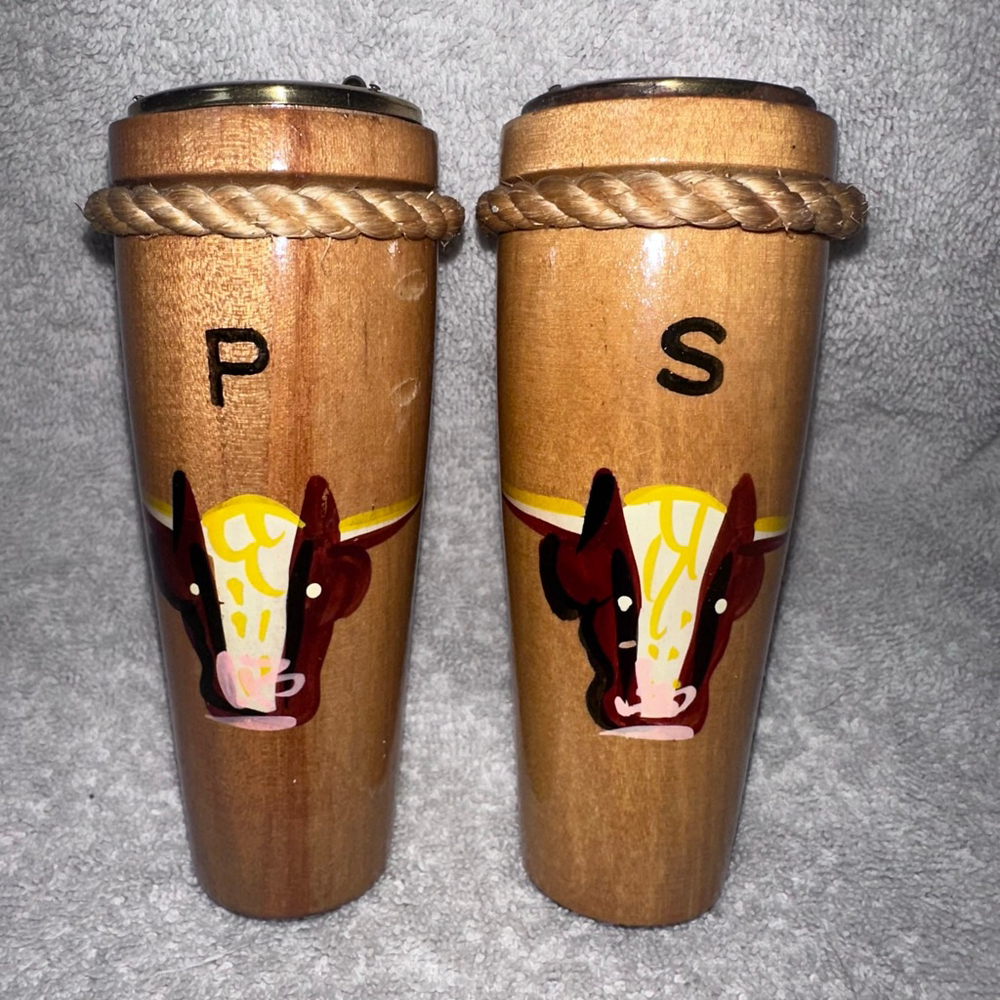 Vintage Napco Japan Wood Salt And Pepper Shakers Western Rope Bull Steer 5"